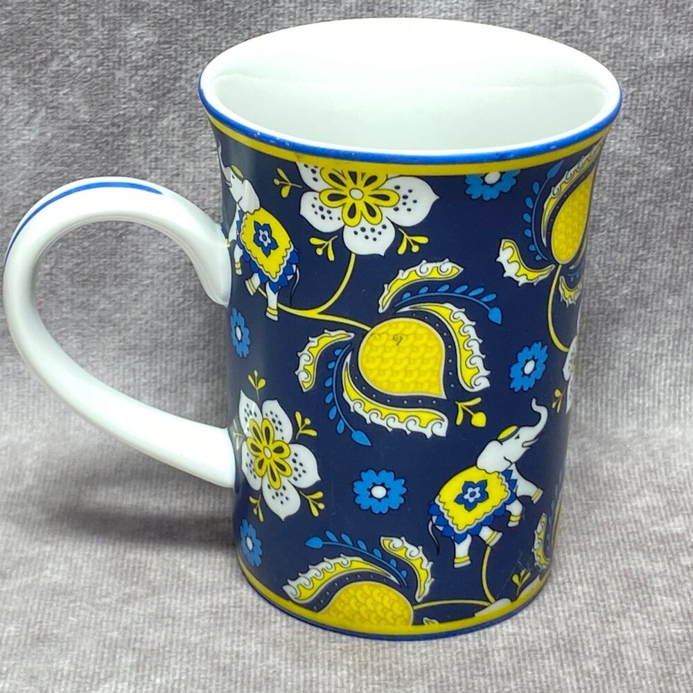 Vera Bradley Ceramic Mug Floral Elephant Print Blue Yellow White 8 Oz